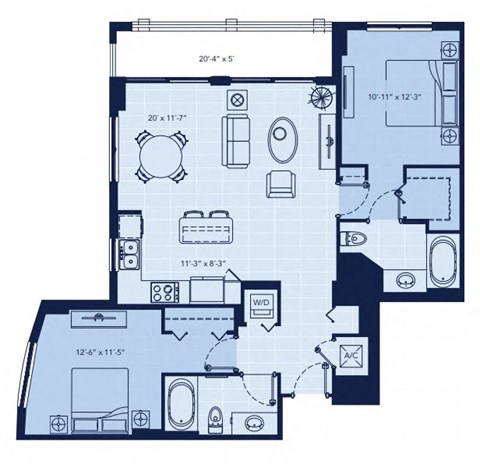 Floor plan for 2 beds, 2 baths, 1095 sqft